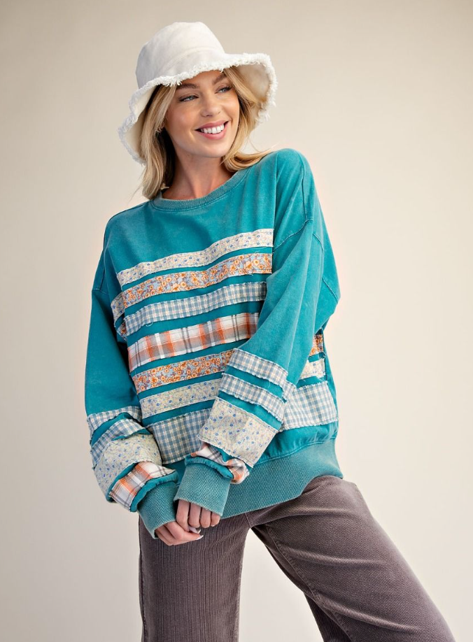 Mixed Patch Washed Terry Pullover