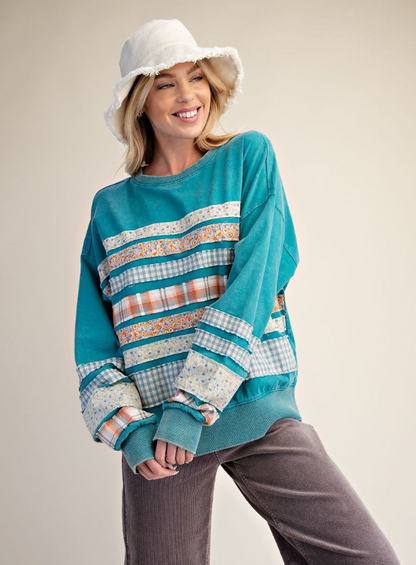 Mixed Patch Washed Terry Pullover