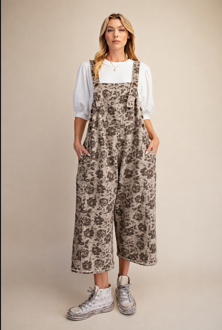Floral Printed Enzyme Washed Overall Pants