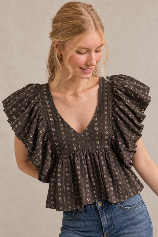 Floral Bubble Sleeves Back Smocked Blouse