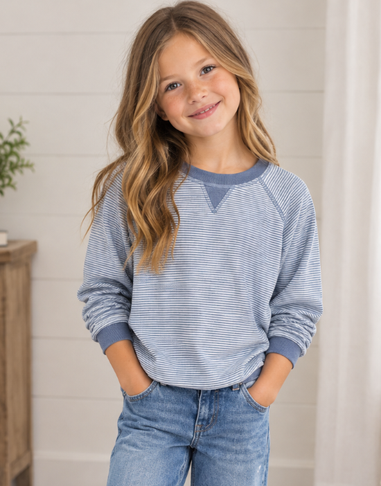 Girls Puff Sleeve Contrast Banded Knit Top