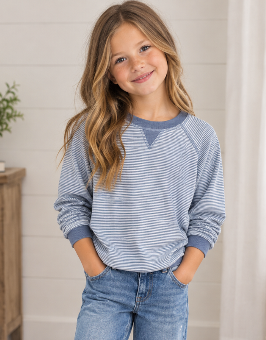 Girls Puff Sleeve Contrast Banded Knit Top