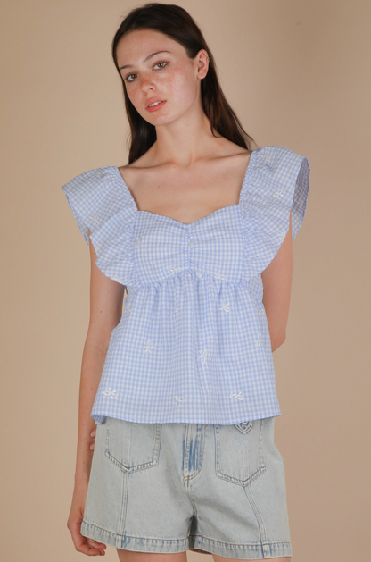 Embroidered Check Sleeveless Blouse