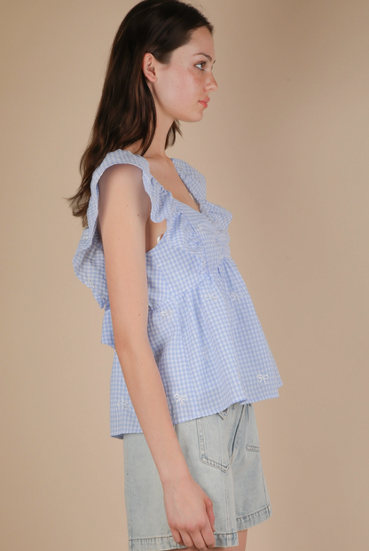 Embroidered Check Sleeveless Blouse