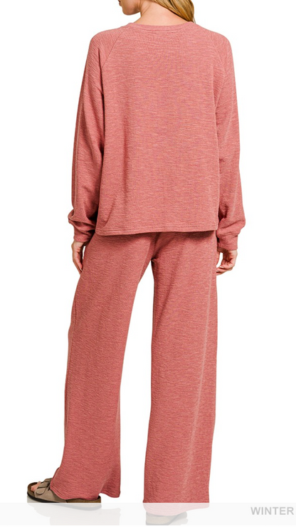 Slub Long Sleeve Top & Pants 2pcs Set
