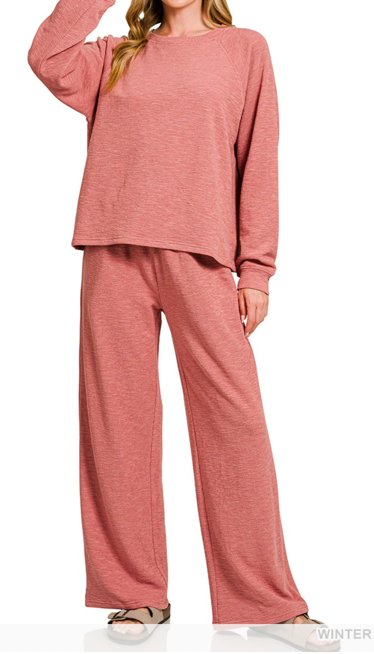Slub Long Sleeve Top & Pants 2pcs Set