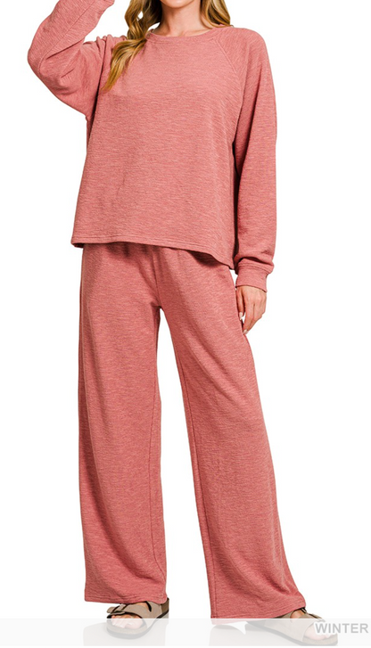Slub Long Sleeve Top & Pants 2pcs Set