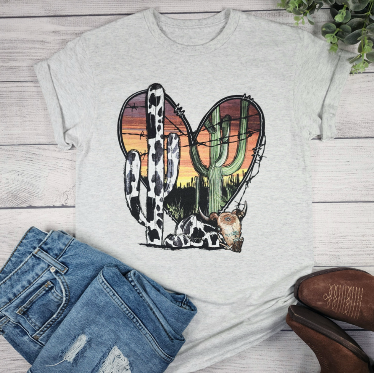 Sunset Heart Cow Cactus Tee