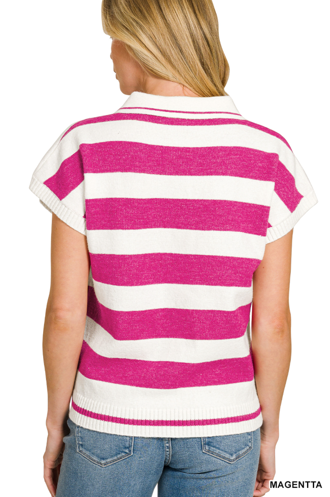 Striped Collared Short Sleeve Sweater