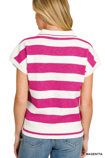 Striped Collared Short Sleeve Sweater
