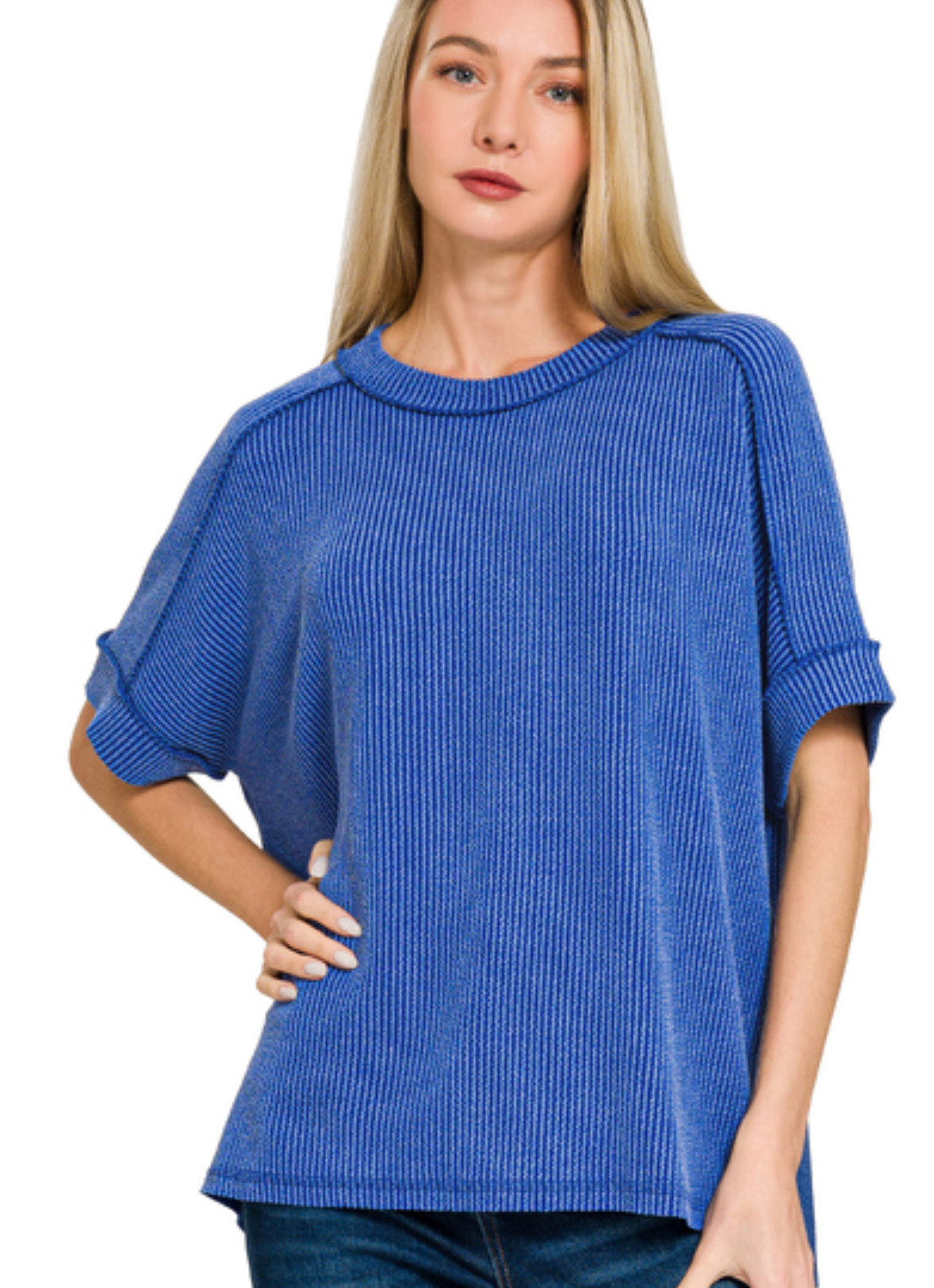 Raised Rib Cuff Sleeve Raw Edge Top