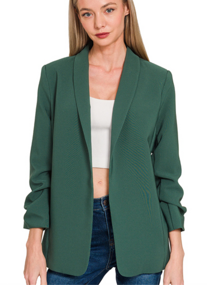Woven 3/4 Ruched Sleeve Open Front Classic Blazer