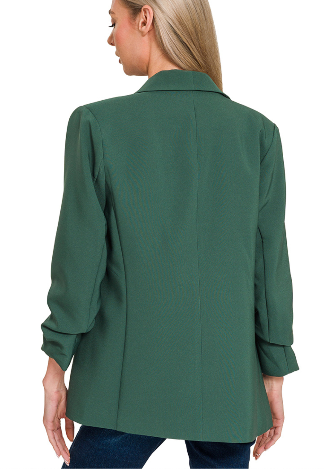 Woven 3/4 Ruched Sleeve Open Front Classic Blazer