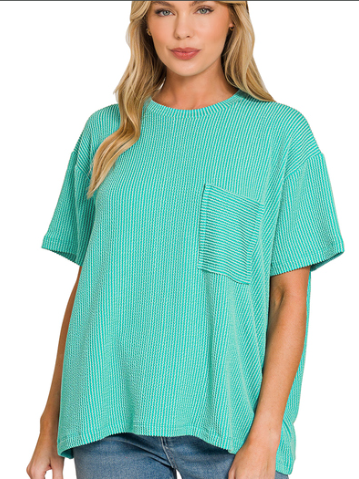 Raised Rib Short Sleeve Front Pocket Top