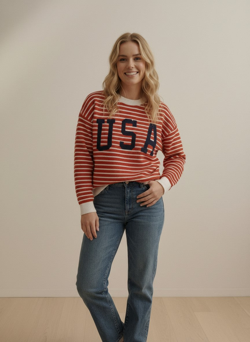Round Neck Stripe USA Cloudy Knit Top