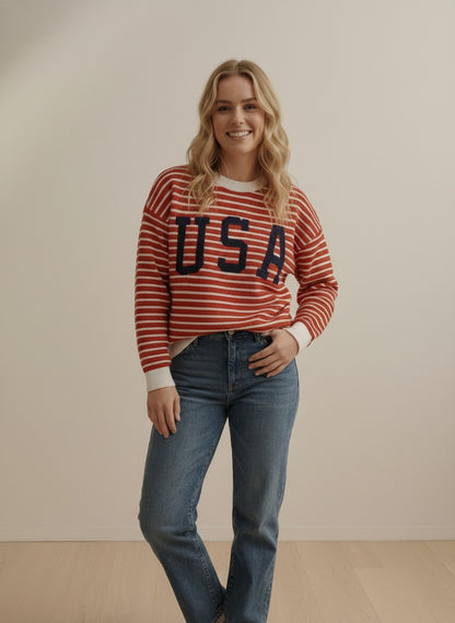Round Neck Stripe USA Cloudy Knit Top