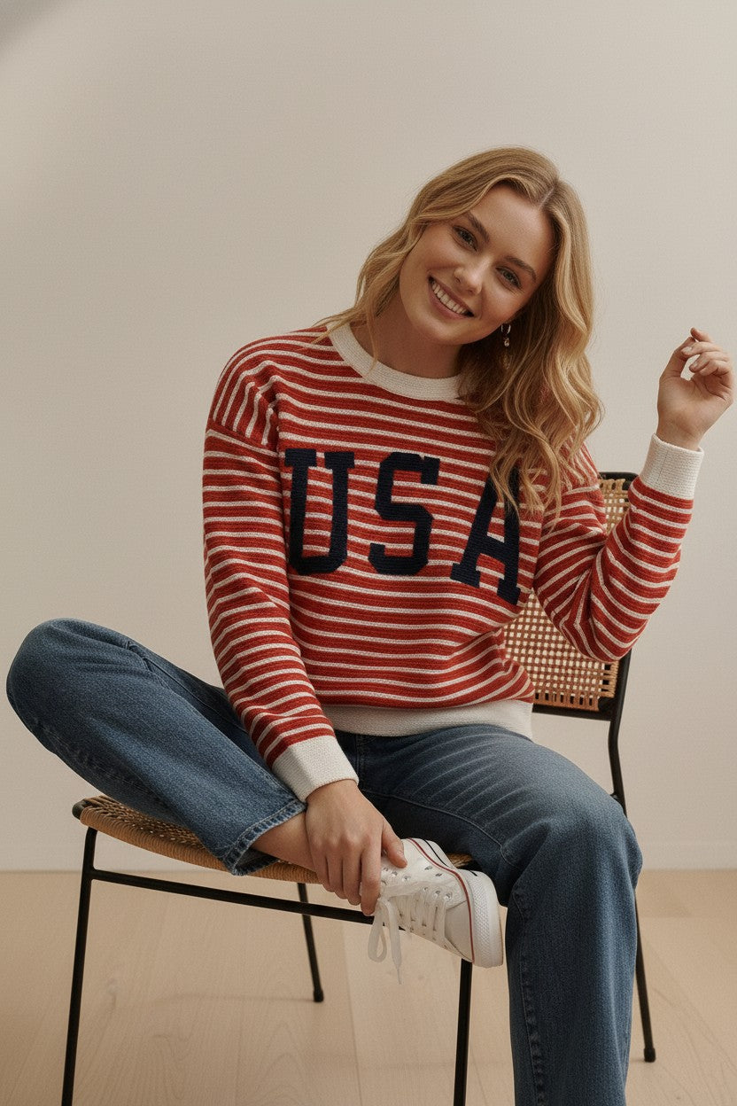 Round Neck Stripe USA Cloudy Knit Top