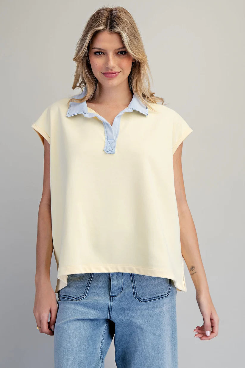 Contrast Collar Cap Sleeve Top
