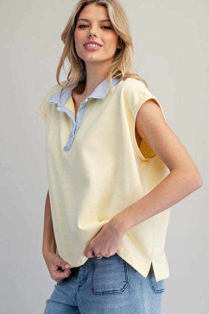 Contrast Collar Cap Sleeve Top