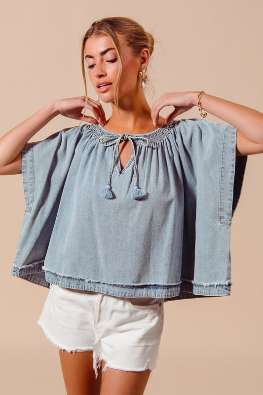 Smocked Neck Dolman Chambray Denim Blouse Top