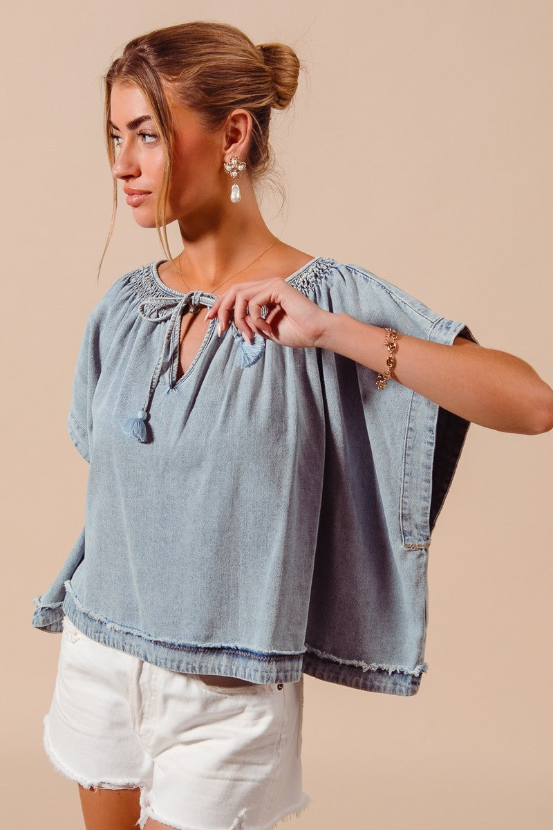 Smocked Neck Dolman Chambray Denim Blouse Top