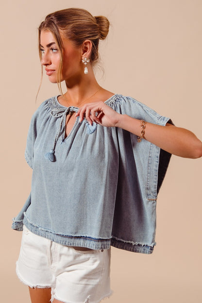 Smocked Neck Dolman Chambray Denim Blouse Top
