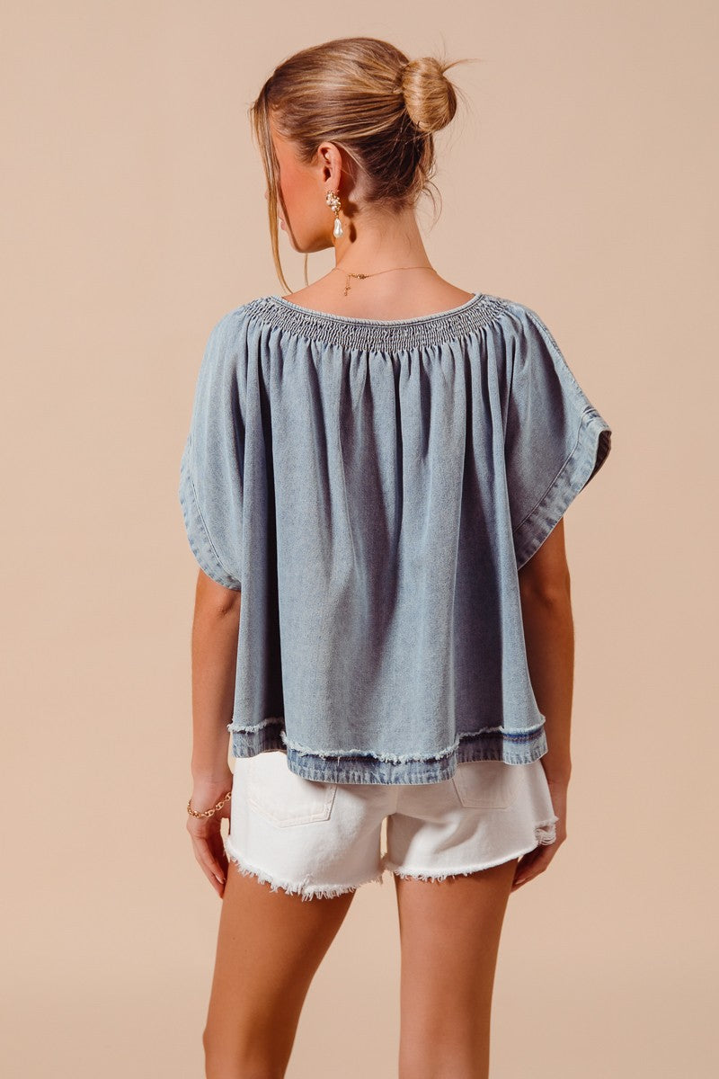 Smocked Neck Dolman Chambray Denim Blouse Top