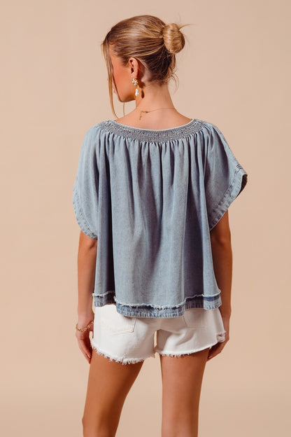 Smocked Neck Dolman Chambray Denim Blouse Top