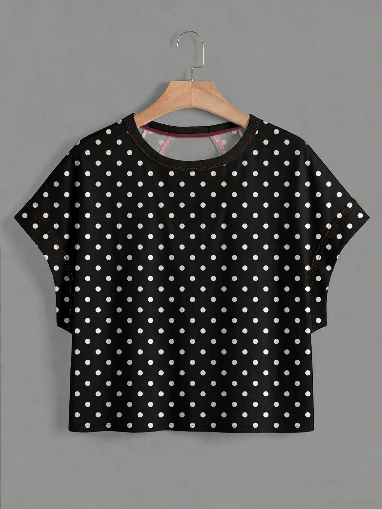 Polka Dots Wrapped Cutout Back Slouchy Tee Workout Shirt