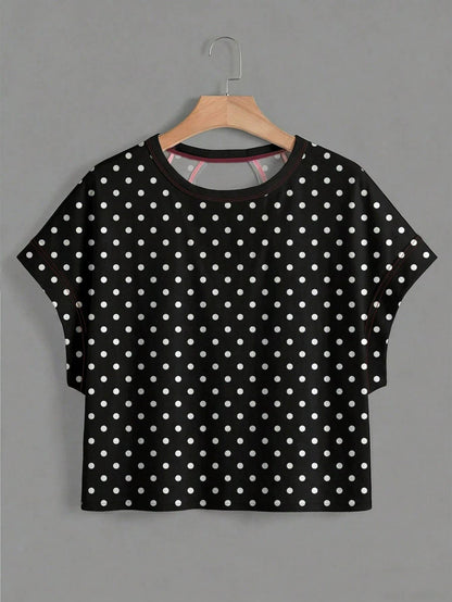 Polka Dots Wrapped Cutout Back Slouchy Tee Workout Shirt