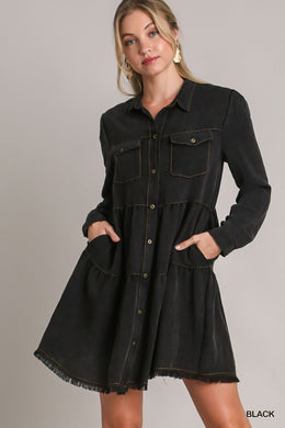 Black Mineral Washed button Down Dress