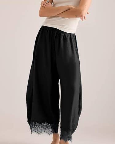 Casual Elastic Waist Lace Hem Loose Wide Leg Ankle Pants