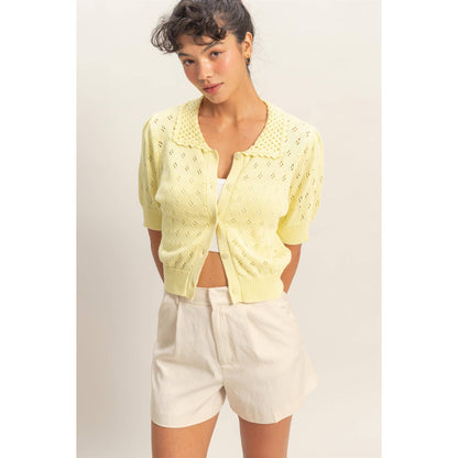 Pointelle Collar Button-Up Puff Sleeve Knit Top