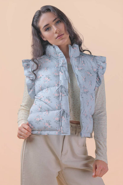Front Bow Ruffle Sleeve Puffer Vest