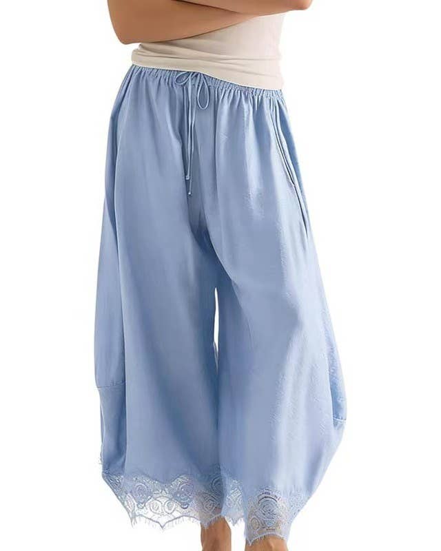 Casual Elastic Waist Lace Hem Loose Wide Leg Ankle Pants