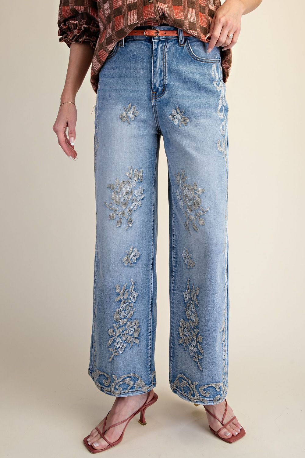 Border Embroidered Stone Washed Denim Pants