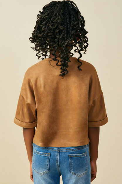 Girls Horseshoe Patched Drop Shoulder Suede T-Shirt
