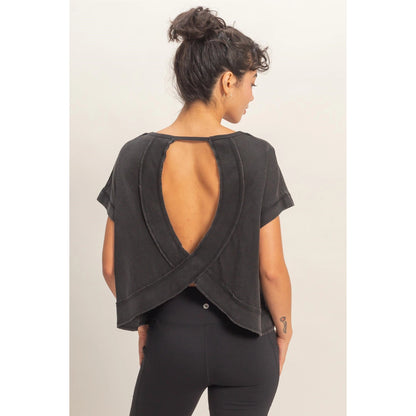Acid Washed Cross Detail Open Back Top