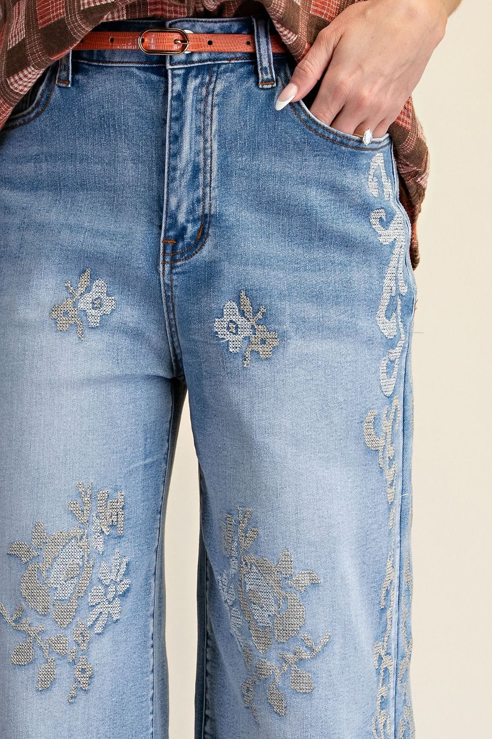Border Embroidered Stone Washed Denim Pants