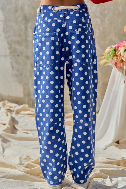 Polka Dot Print Denim Pants With Waist Belt