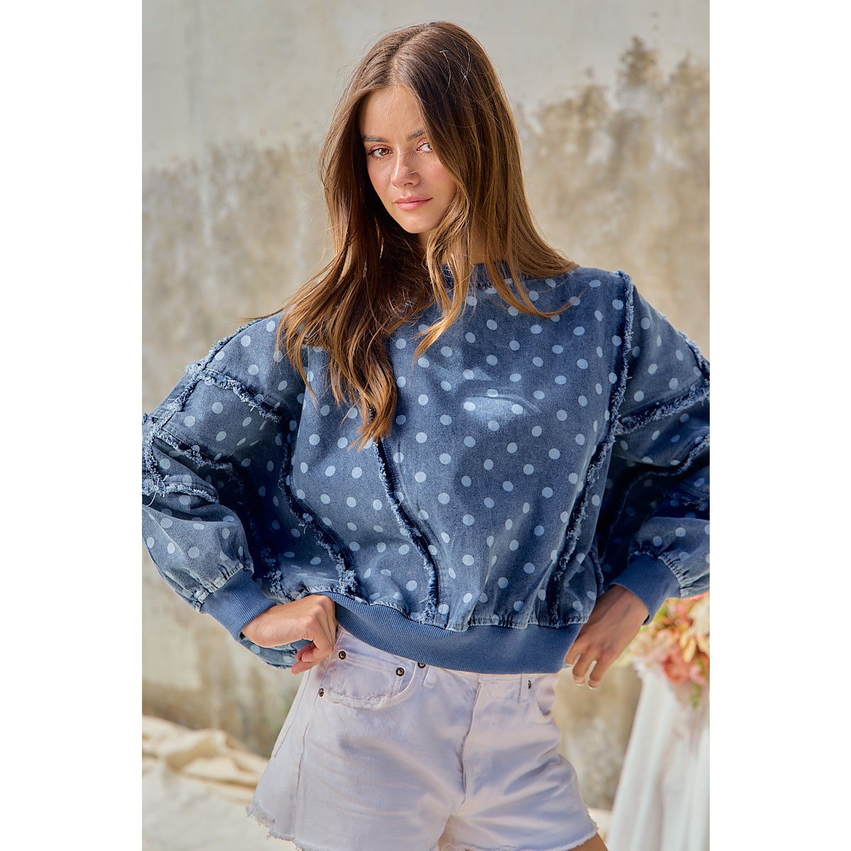 Polka Dot Printed Washed Denim Frayed Edge Detail Top