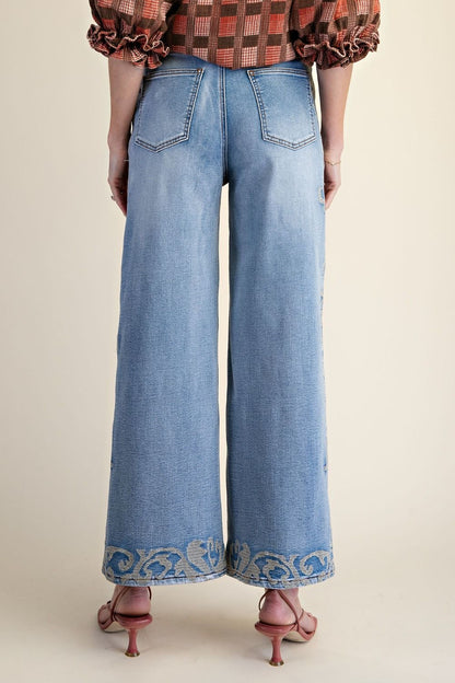 Border Embroidered Stone Washed Denim Pants