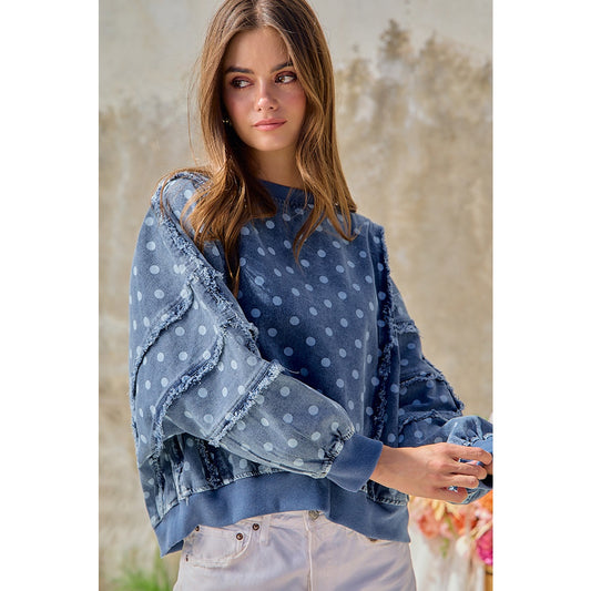 Polka Dot Printed Washed Denim Frayed Edge Detail Top