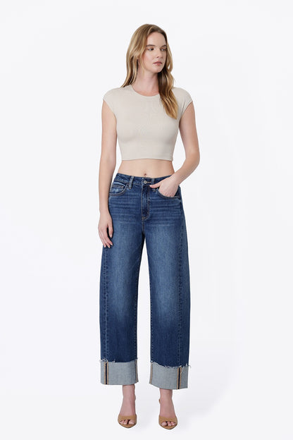 Super High Rise Side Paneled Cuff Barrel Jeans