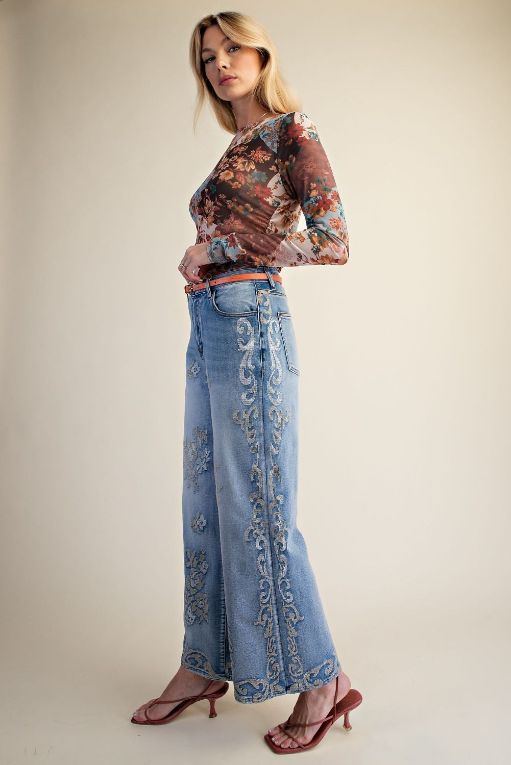 Border Embroidered Stone Washed Denim Pants