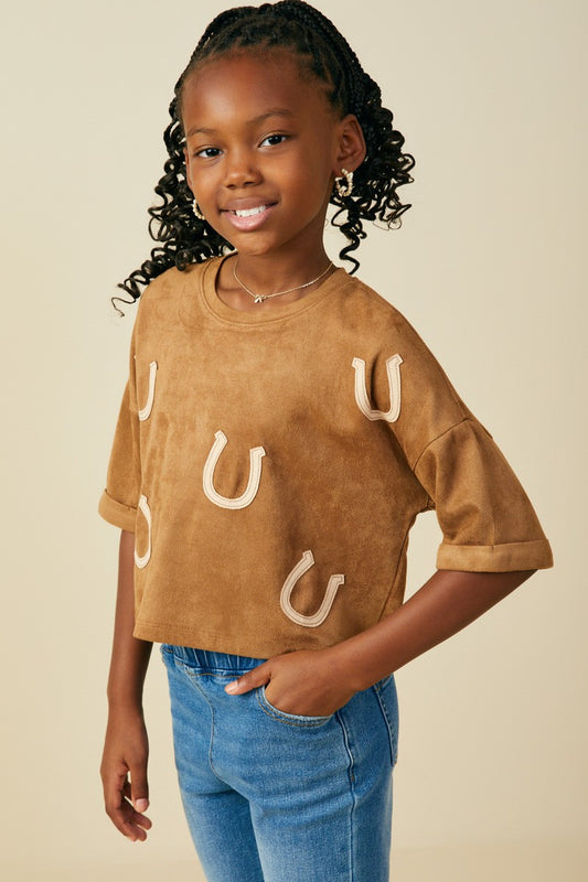 Girls Horseshoe Patched Drop Shoulder Suede T-Shirt