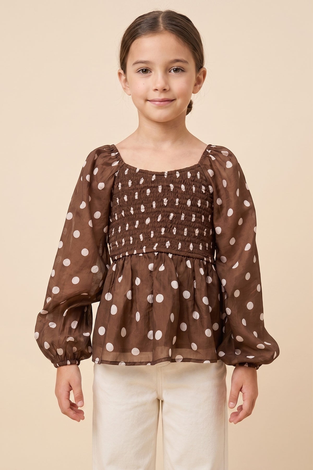 Girls Smocked Polka Dot Peplum Top