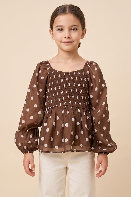 Girls Smocked Polka Dot Peplum Top