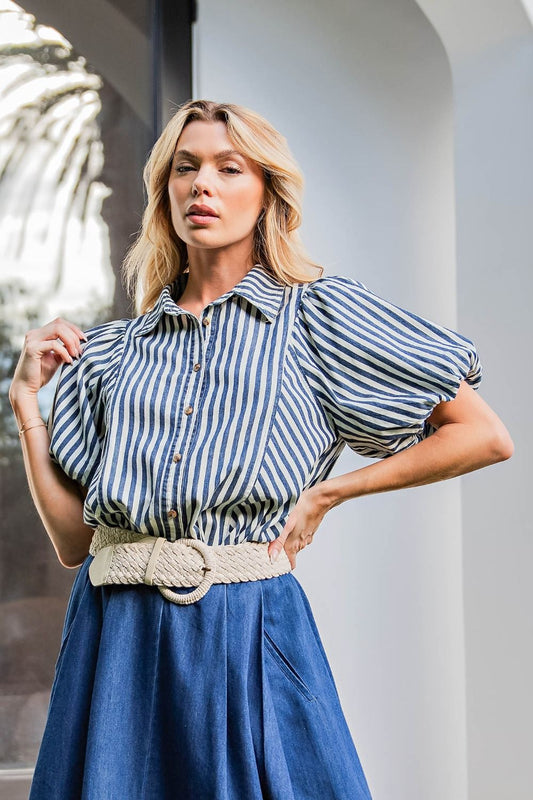 Washed Denim Striped Puff Sleeve Shirt