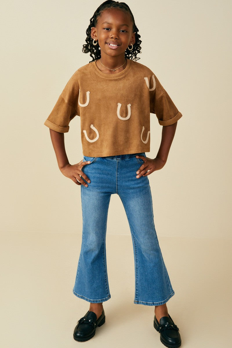 Girls Horseshoe Patched Drop Shoulder Suede T-Shirt